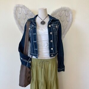 Y2K USA Denim Jacket McBling Rhinestone White Stitch Dark Wash Cropped Western‎